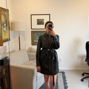 STAUD Black Faux Leather Shirt Dress